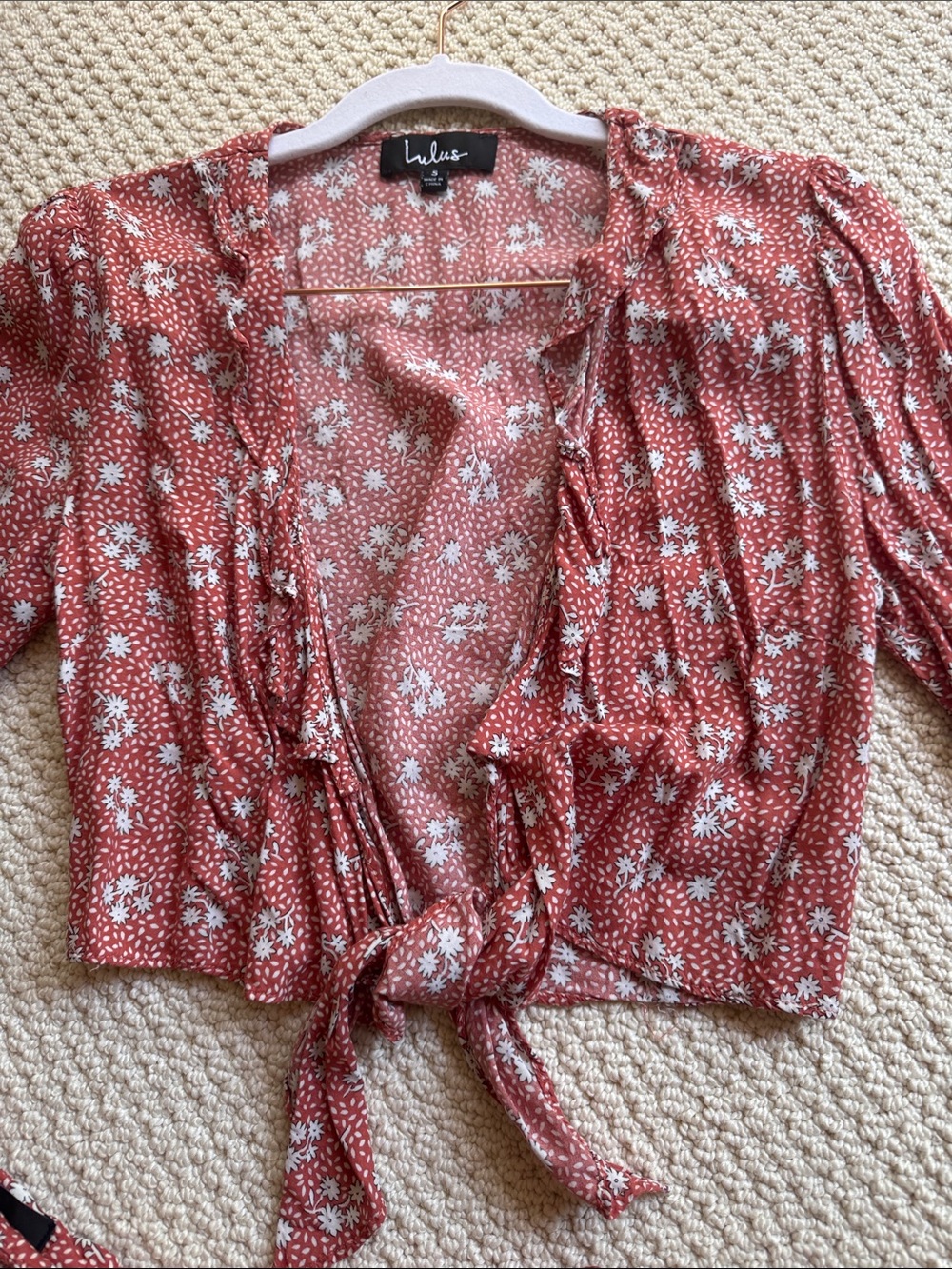 Lulu's Rust-Red Floral Set - tie front blouse with ruffled skirt - Picture 3 of 5